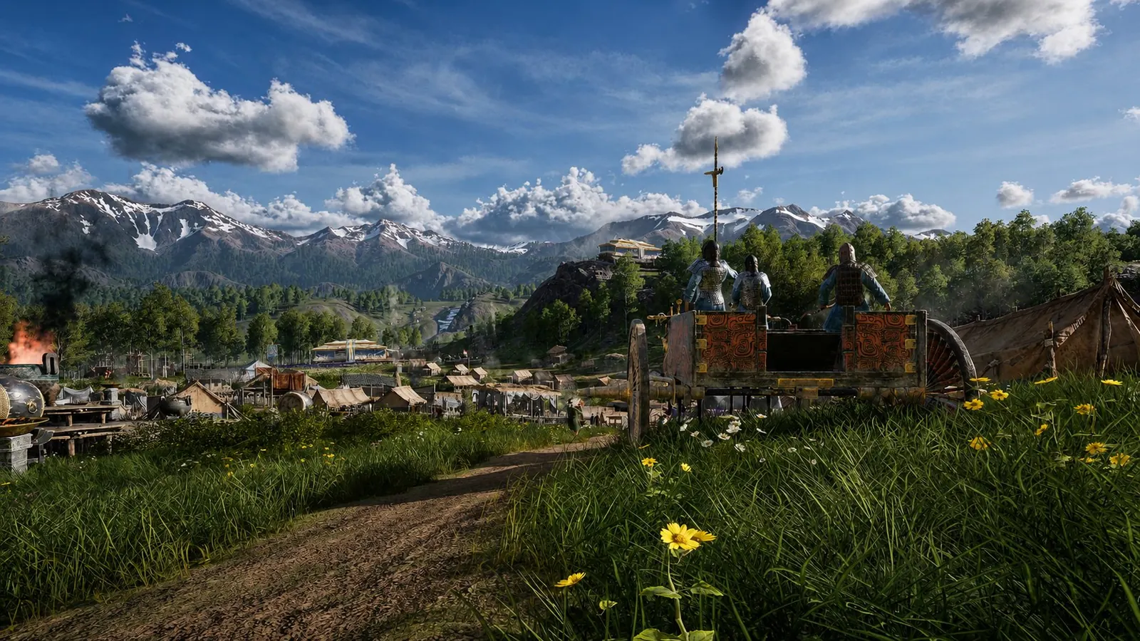 A Mandate Order city-state beneath mountains, seen from a chariot camp